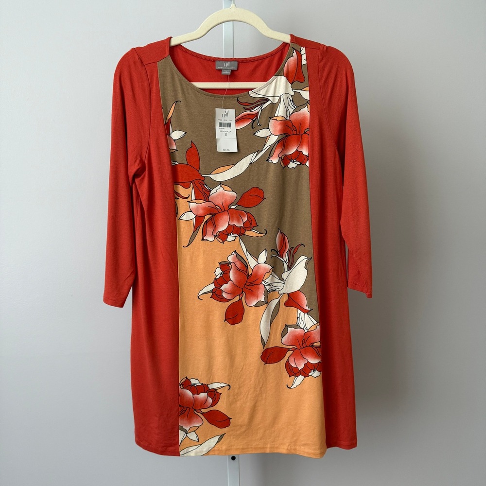 J. Jill S Orange Floral Top Wearever Stretch Begonia Knit Shirt Cottage Boho